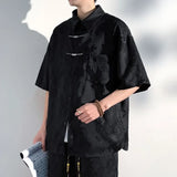 Mens Chinese Loop Buckle Jacquard Design Shirt Daily Casual Personality Versatile Loose Short-sleeve Tops Unisex 2024 Summer