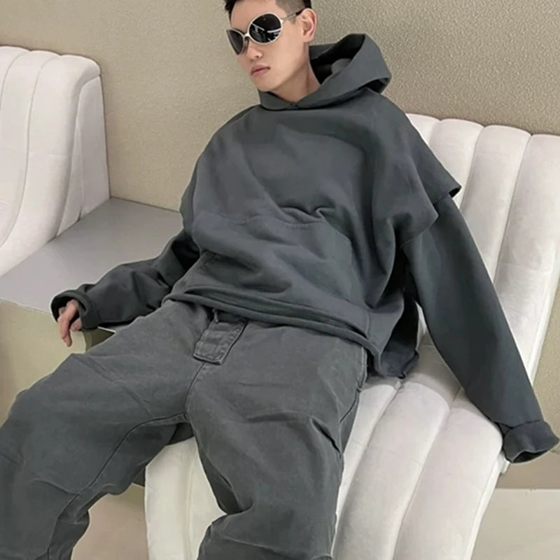 greg kanye double layer heavyweight fit hooded pullover with raw edges sweater grey aesthetic street look hoodie, streetwear fashion hoodie, unique limited edition hoodie