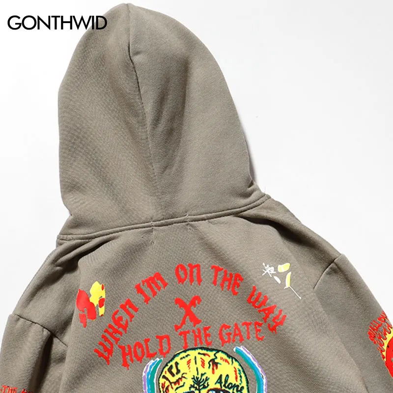 Punk Hoodie Men Streetwear Hip Hop Skull Skeleton Print Gothic Fleece