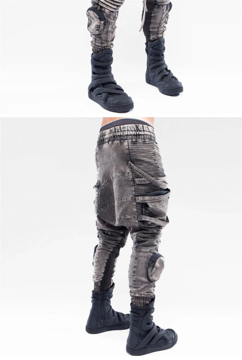vintage motorcycle trousers joggers mens asymmetric straped pleated cross pants function elastic waist trousers unique joggers style 4599