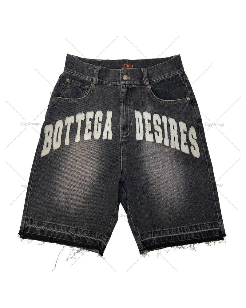 American Street Harajuku Retro Denim Shorts with Letter Embroidery Oversized Jeans Men Y2k Loose Casual Versatile Shorts Women