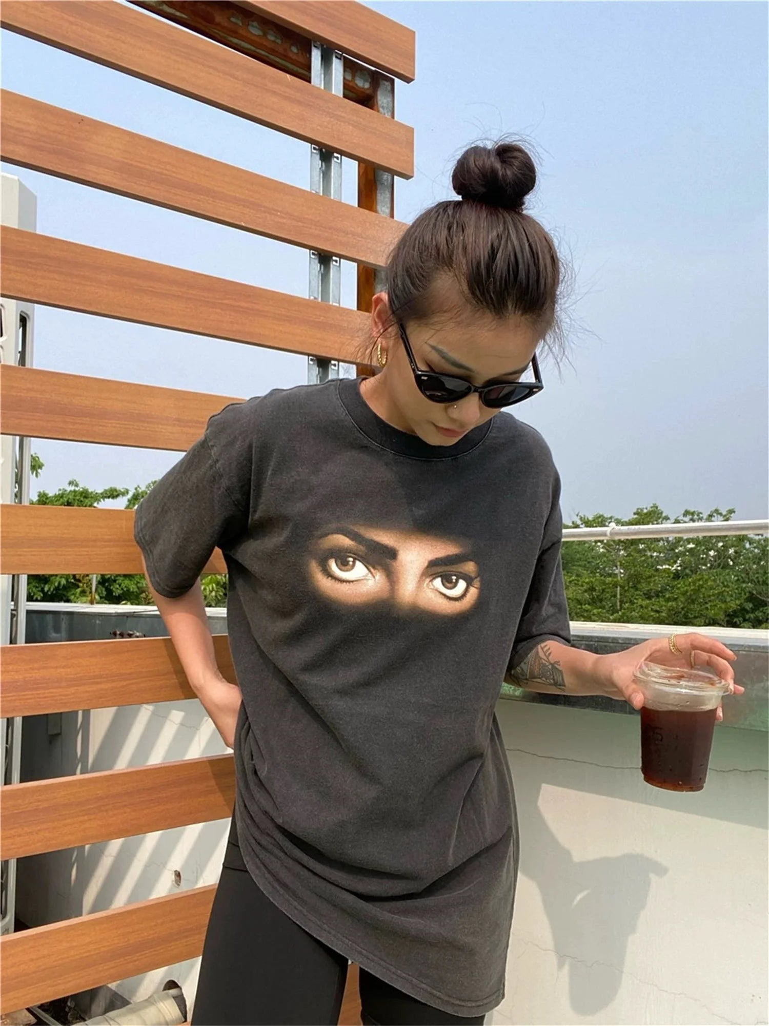 gothic aesthetic print tee featuring vintage retro style old school mjs eye printing high street t shirt tops