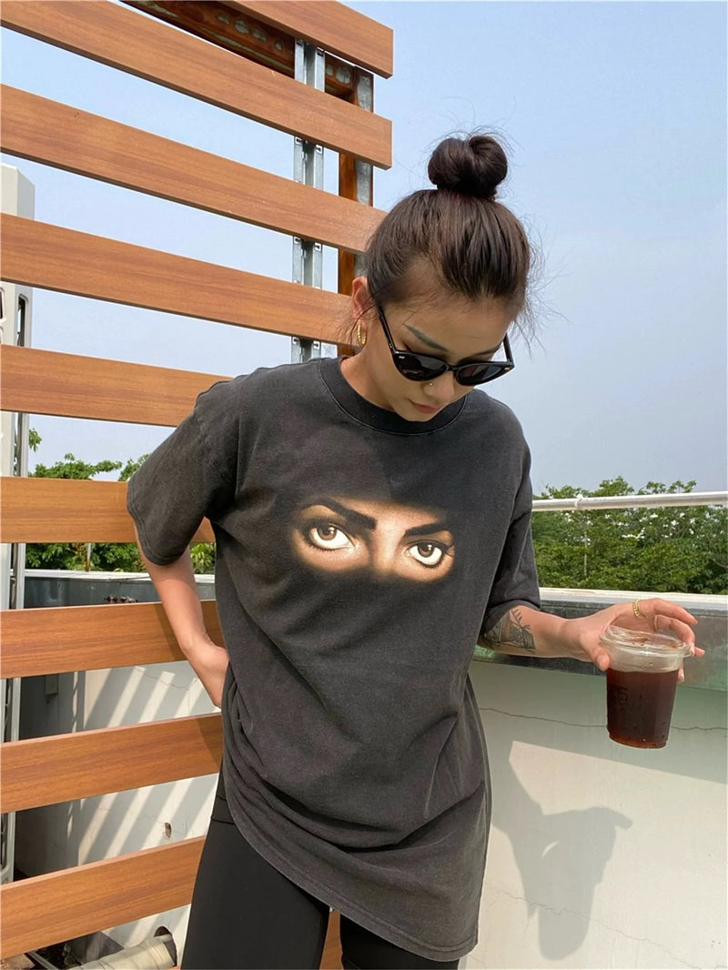 gothic aesthetic print tee featuring vintage retro style old school mjs eye printing high street t shirt tops