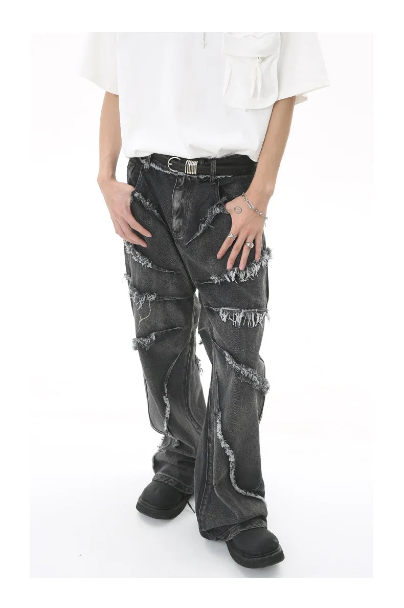 2023 european and american mens jeans new products personality trend hip hop fringed loose wide leg denim trousers unique jeans style 715