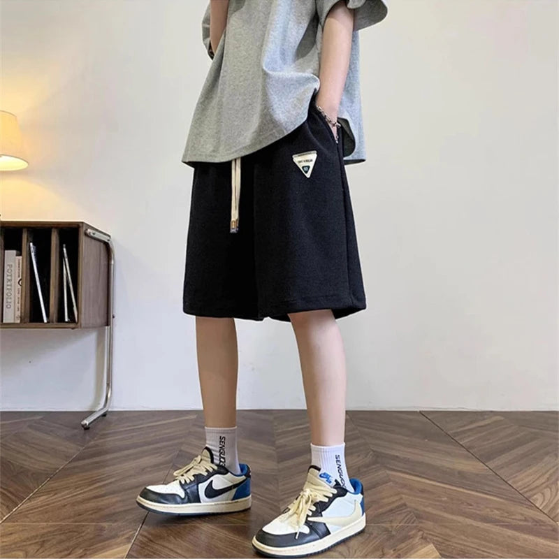 summer mens letter appliques waffle shorts baggy running wide leg casual short pants solid drawstring gym straight y2k shorts summer street shorts