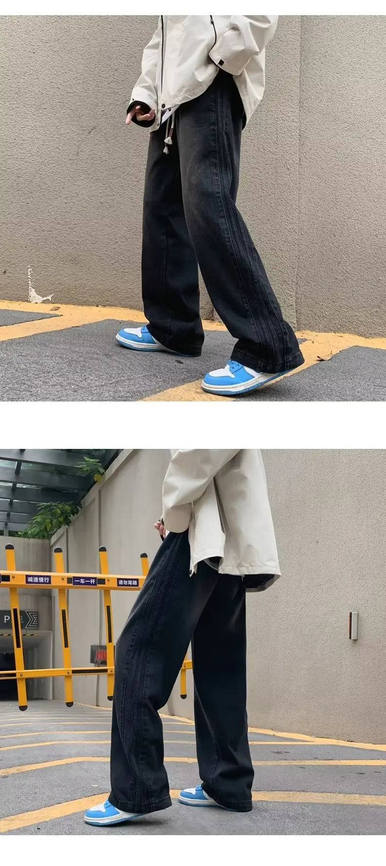 men jeans straight leg jeans boys american fashion wash old side stripes wide leg pants autumn vintage overalls unique jeans style 3905