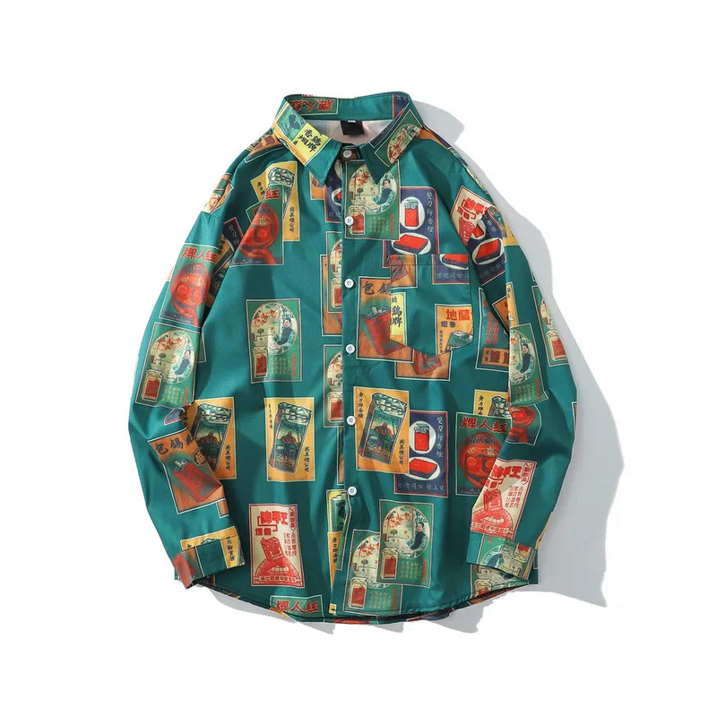 Dark Icon Vintage Printed Shirts Men Turn-down Collar Men's Shirt Streetwear Shirts for Man