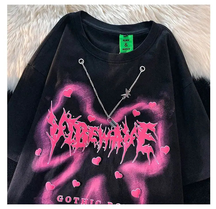 Y2k Barcode glitch – Hip Hop Street Personality Heart Print Round Neck Short Sleeve