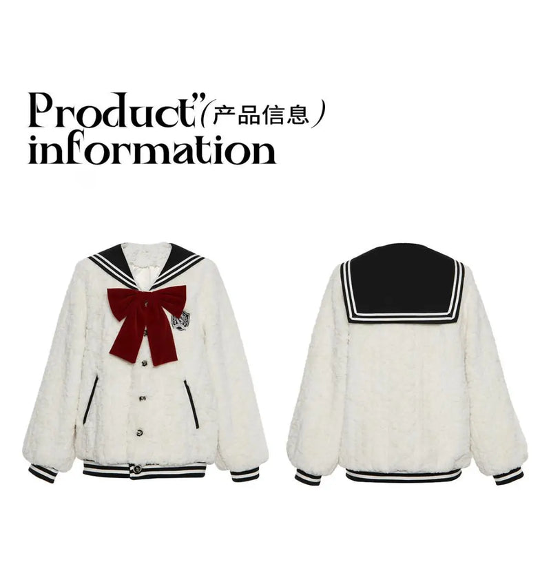 Harajuku Sweet Thicknecked Bow College Coat Woman Zip Up Hoodie Sailor