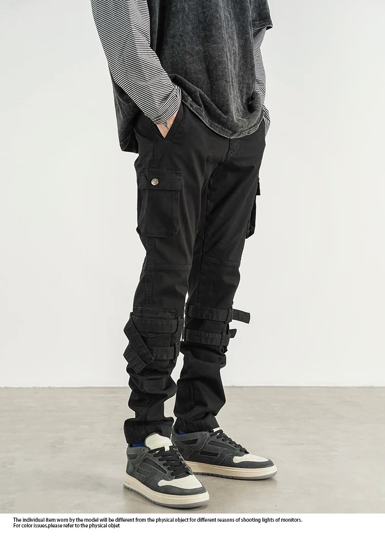 mens high street jeans casual hip hop military cargo pockets trousers new fashion slim fit zipper skinny denim pants joggers unique joggers style 2703