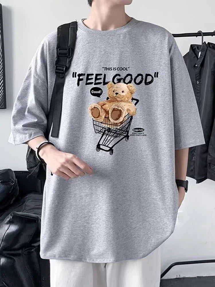 Anime Graphic tee – Funny Feel Good Bear Print Tops Man Casual Oversize T Shirt