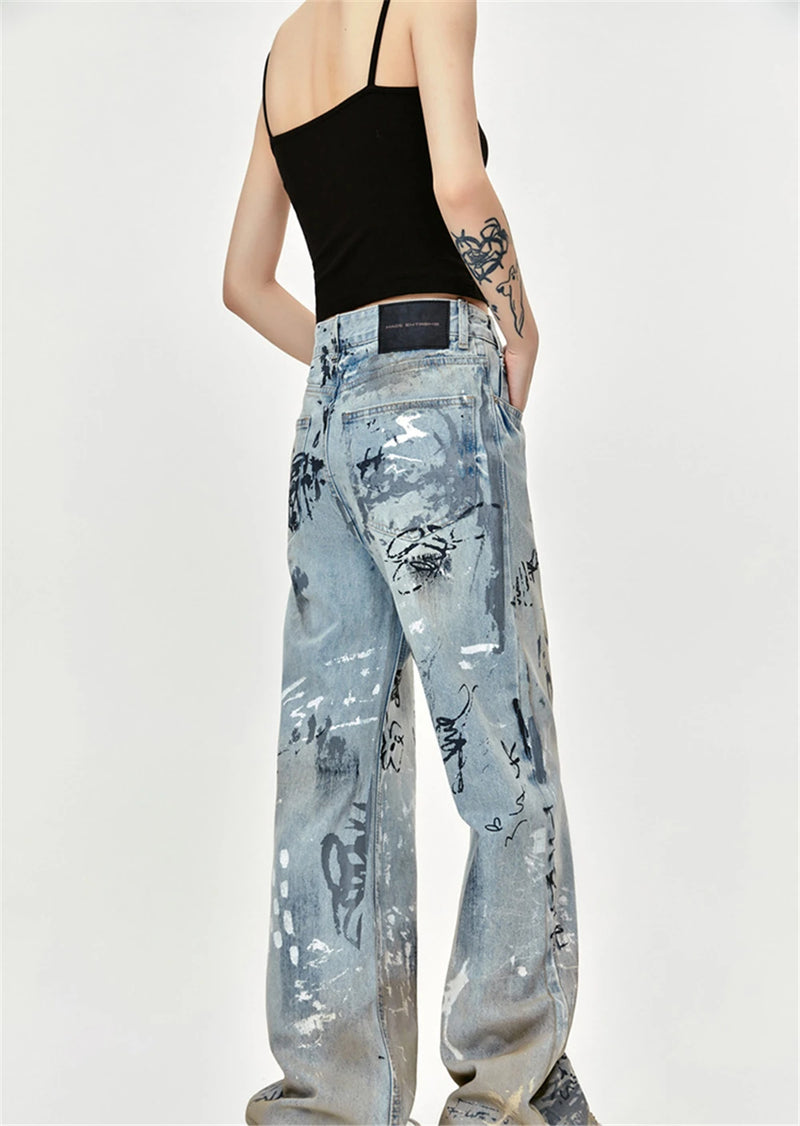 men baggy jeans graffiti printed loose straight denim pants luxury designer jeans male streetwear hip hop jeans trousers y2k unique jeans style 4534