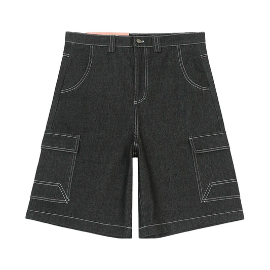 y2k streetwear multi pockets embroidery washed summer jeans shorts for men wide leg baggy casual denim over knee length pants urban skinny jeans