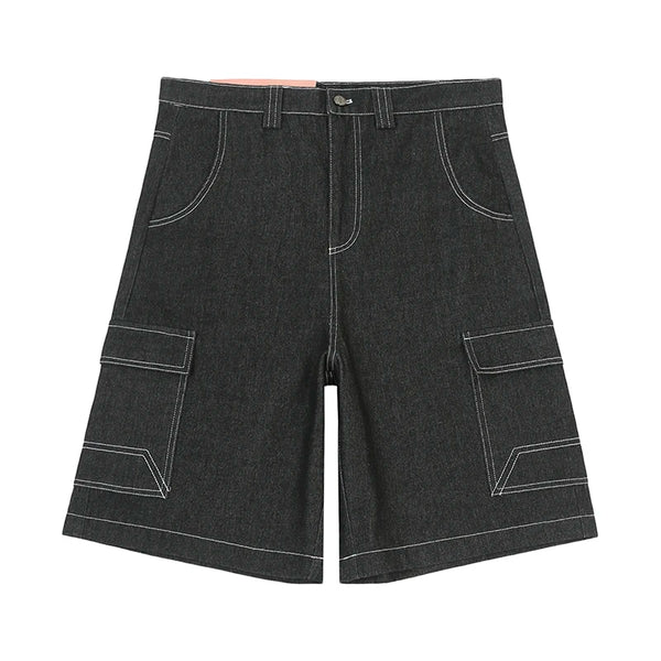 y2k streetwear multi pockets embroidery washed summer jeans shorts for men wide leg baggy casual denim over knee length pants urban skinny jeans