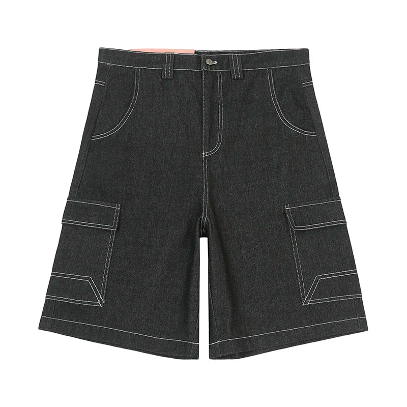 y2k streetwear multi pockets embroidery washed summer jeans shorts for men wide leg baggy casual denim over knee length pants urban skinny jeans