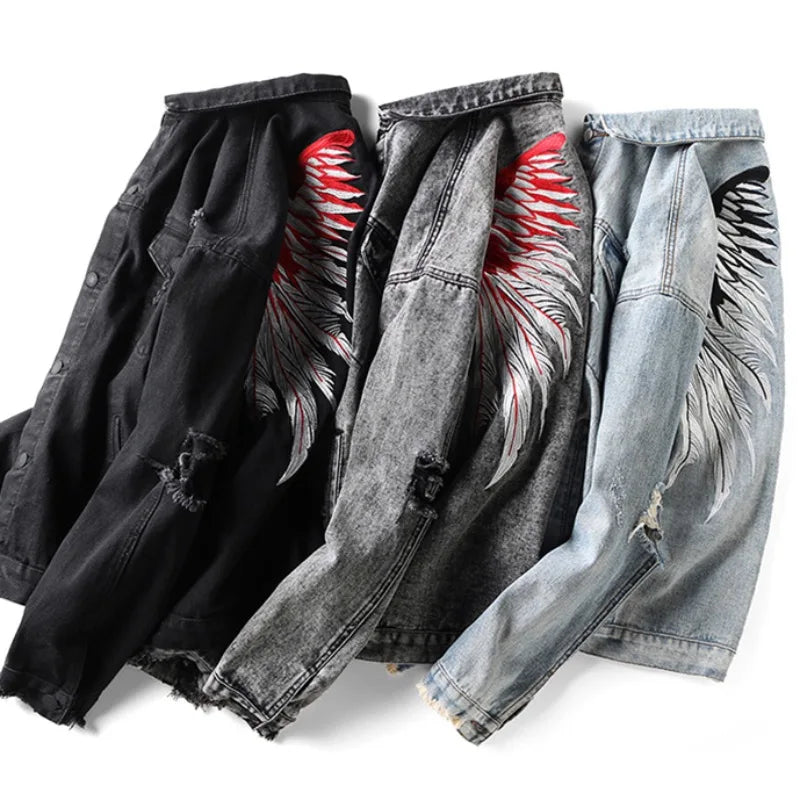 back wing embroidery denim jacket coat mens fashion hip hop harajuku jean coats outerwear casual streetwear jeans baggy jacke - variant style 2da38e for streetwear fashion