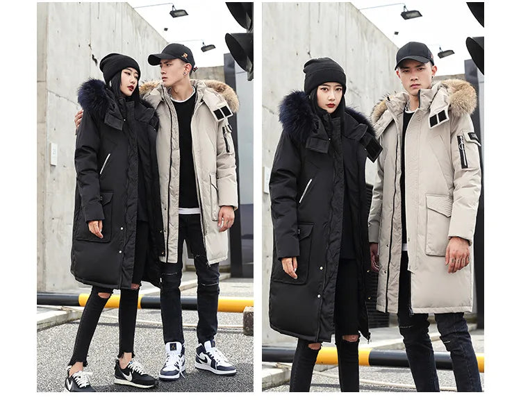 Korean Style Winter Long Parka Coat Men Woman Down Jacket Clothing Hooded Fur Collar Thicken Warm Leisure Lovers Overcoat