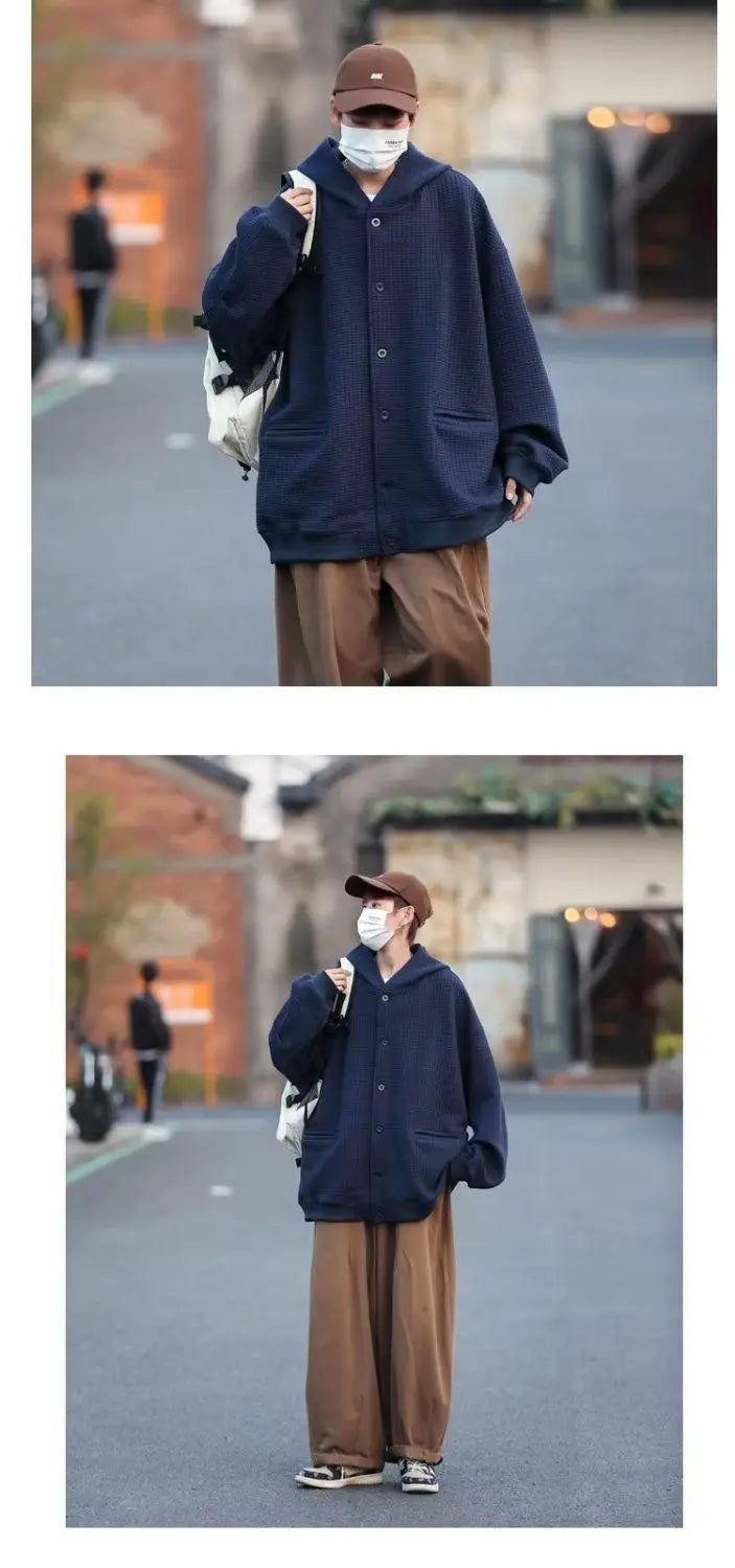 Korean Retro Y2K Waffle Hooded Jacket for Men and Women Ins Harajuku Style Casual Loose
