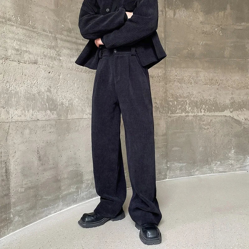 men 2 pieces sets corduroy short jacket wide leg pant suits korean streetwear fashion loose casual retro coat baggy trousers relaxed fit shorts