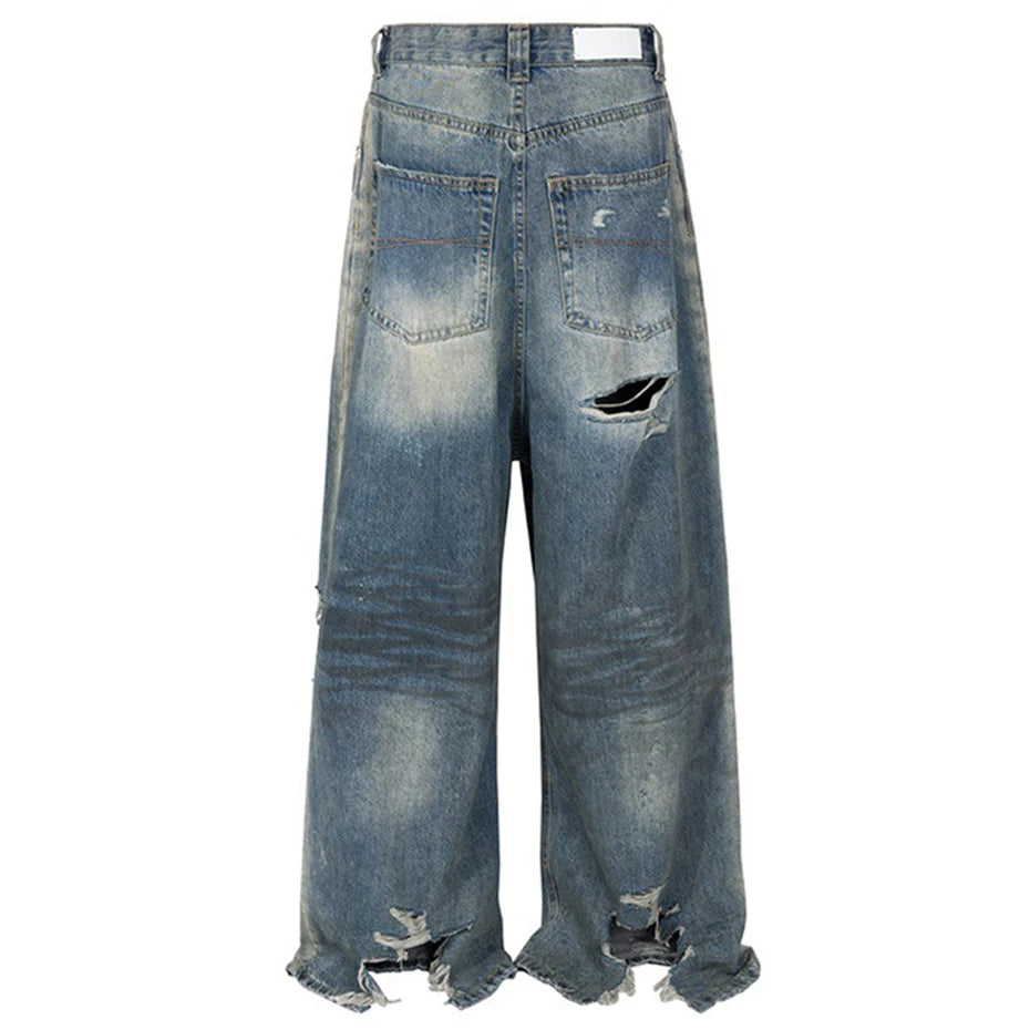 mens fashion ripped jeans blue straight baggy jeans trousers luxury designer loose casual distressed denim pants male unique jeans style 1132