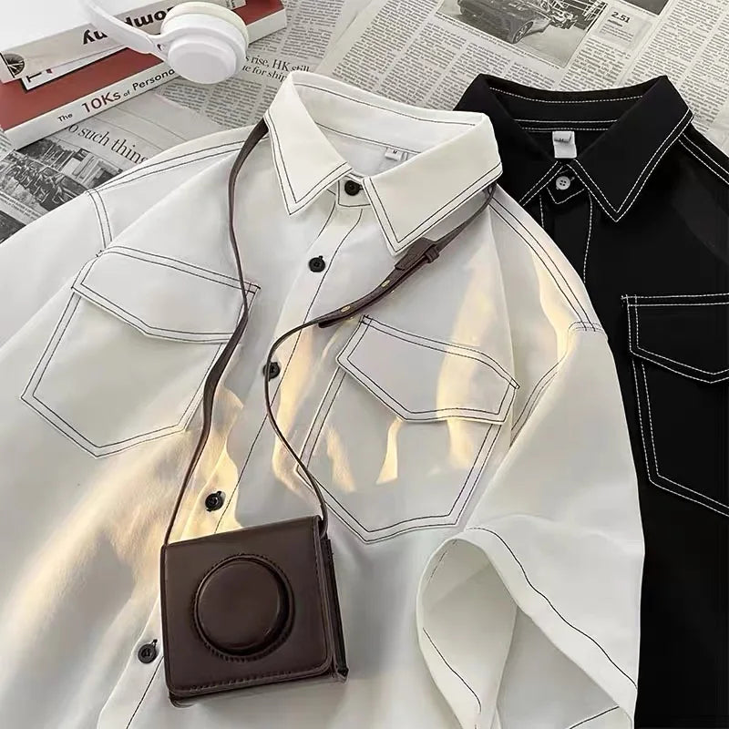Short Sleeved Shirt Men Fashion Retro Streetwear Korean Loose Casual Vintage Shirt