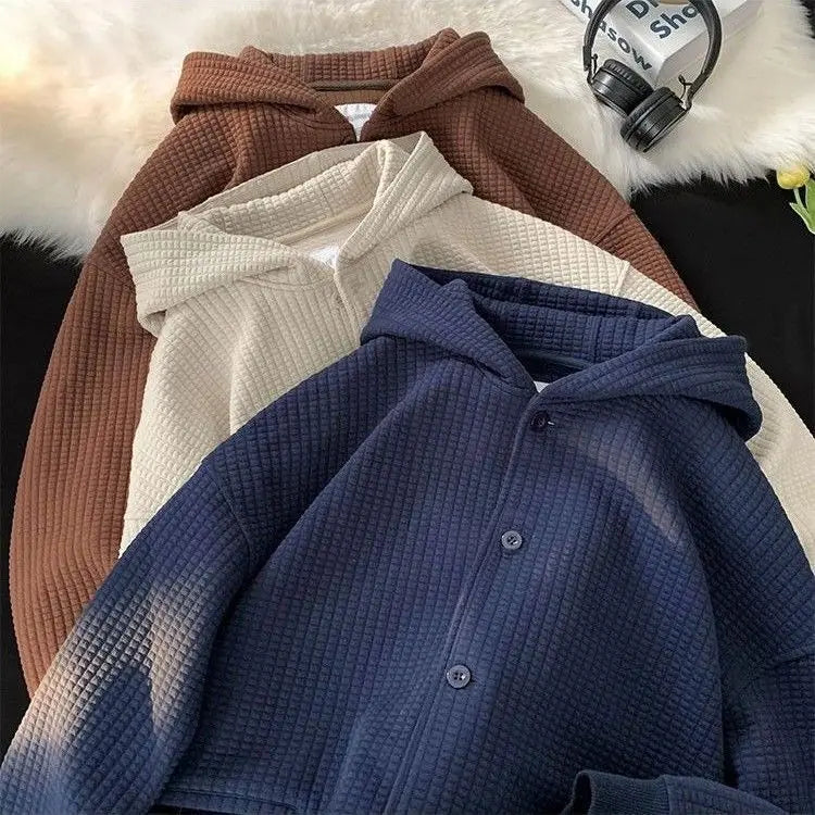 Korean Retro Y2K Waffle Hooded Jacket for Men and Women Ins Harajuku Style Casual Loose Couple Wear Cardigan Sweatshirt
