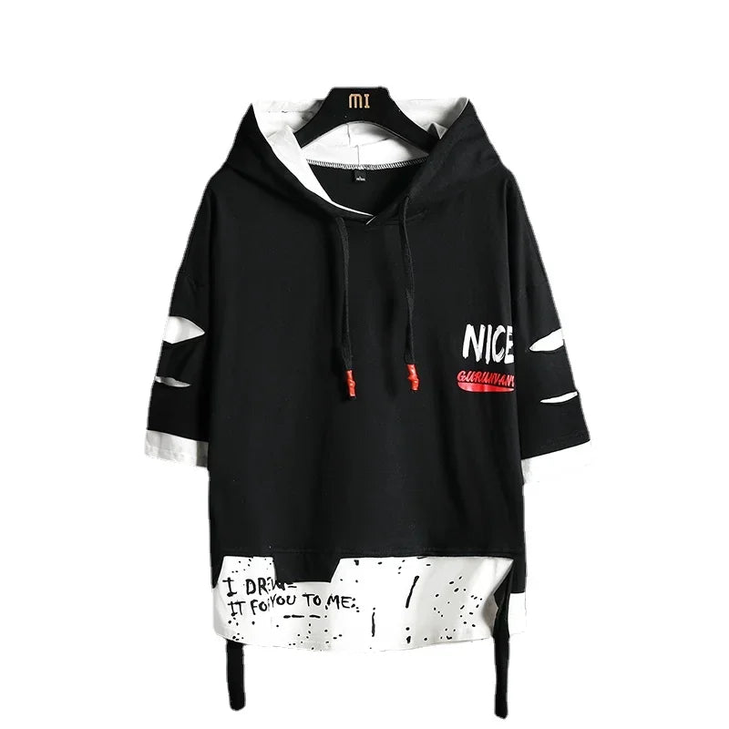 Men Fashion Ribben Hoodie Summer Short Sleeve Hoodies Mens Hoodies