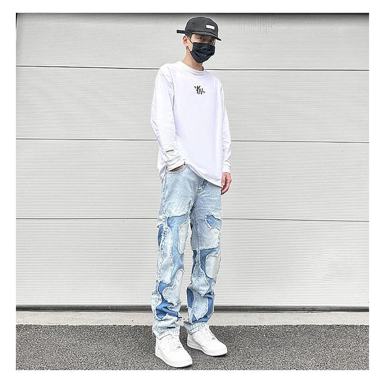ripped irregular patchwork design denim jeans men casual zipper biker trousers jeans fashion streetwear hip hop pants joggers unique joggers style 3624