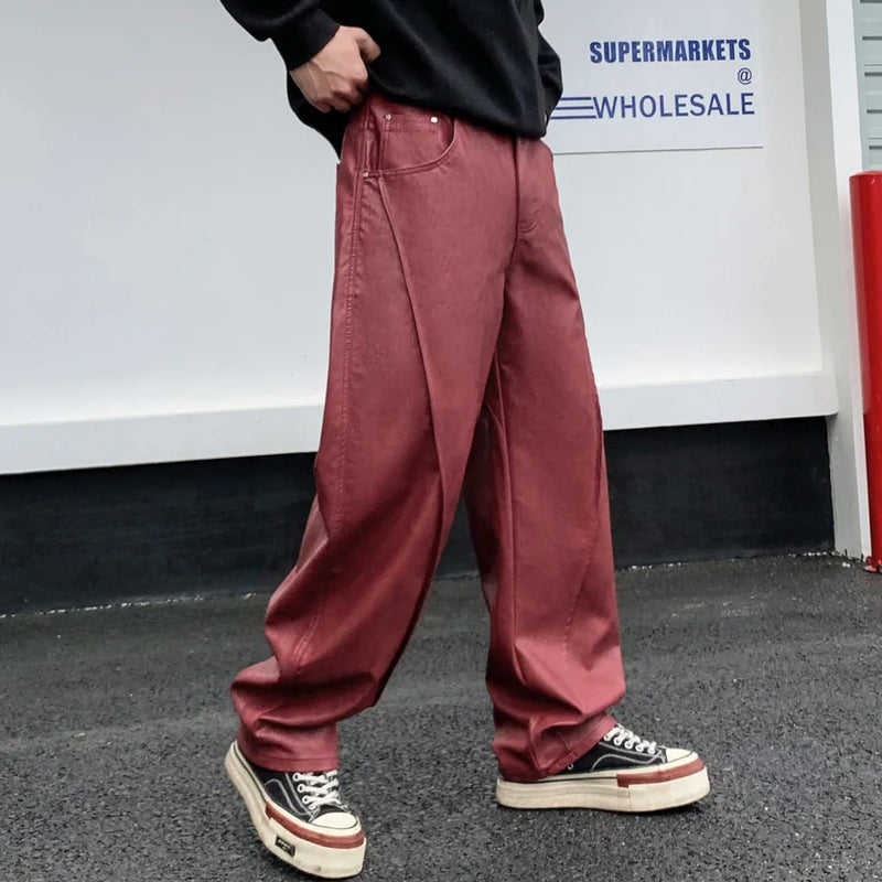 men streetwear fashion hip hop loose casual straight leather motorcycle pant man y2k trousers pants stage clothing clean everyday pants