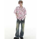 summer harajuku set mens flower print casual short sleeved top gradient straight leg jeans 2 pcs set high street trendy suit unique jeans style 4780