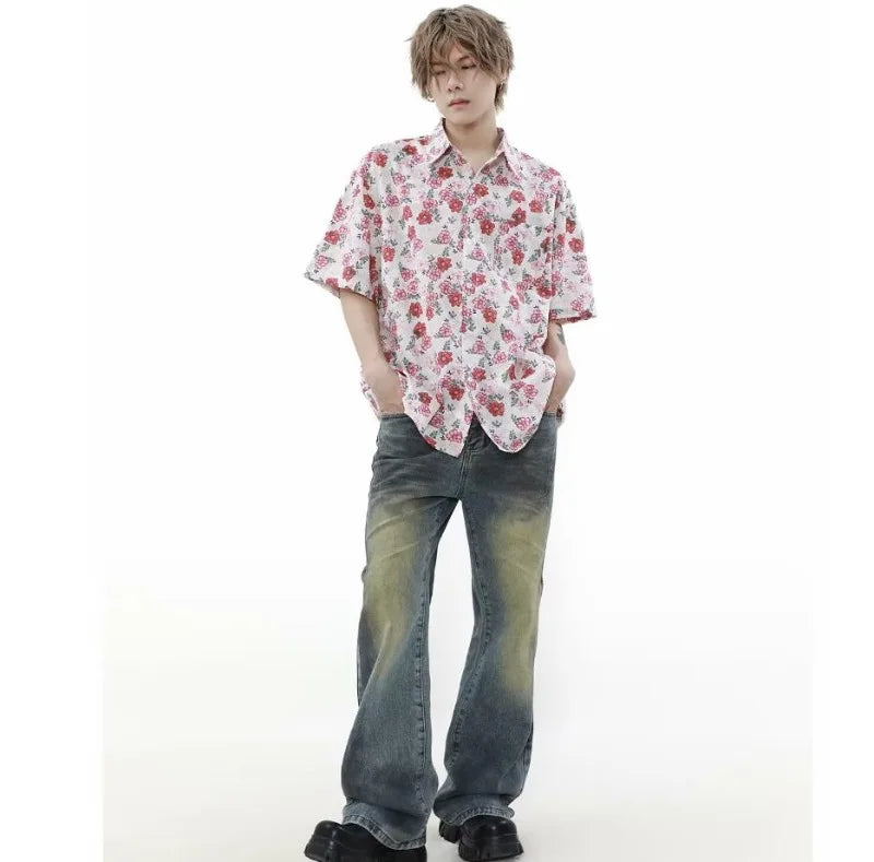 summer harajuku set mens flower print casual short sleeved top gradient straight leg jeans 2 pcs set high street trendy suit unique jeans style 4780