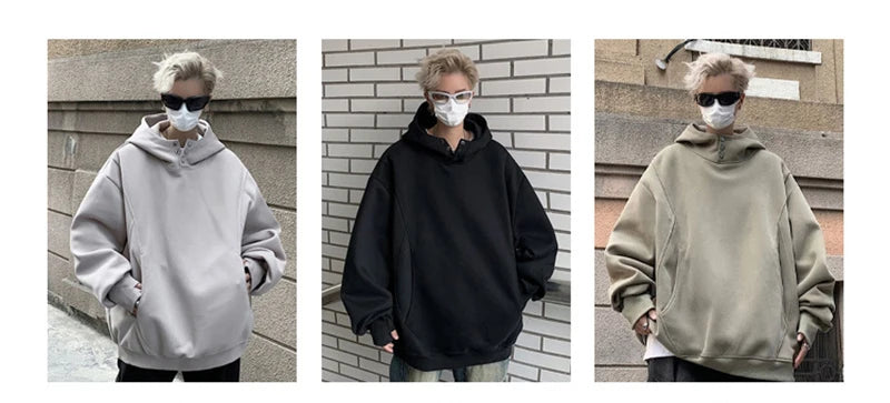 New Retro Button Neck Hooded Sweatshirts For Men Autumn Fleece Y2K Vintage Hoodies Hip Hop Fashion Streetwear Pullover Hoodie
