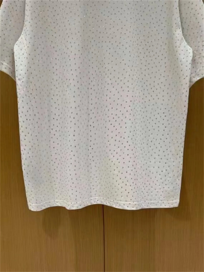 BALCG Style Original Heavy duty Starry Sky Washed Olded Starry Sky Rhinestone Oversized Loose Short sleeved T-shirt White