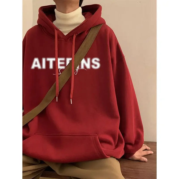 Burgundy Hooded Sweatshirt For Men 2024 Autumn And Winter New Tops Hea