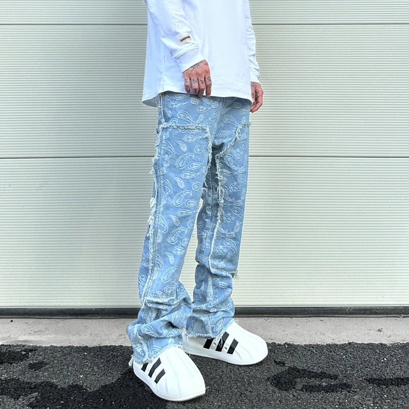 men distressed ripped patchwork paisley denim jean trouser fashion zipper biker jeans streetwear flare pants loose joggers jeans unique joggers style 5026