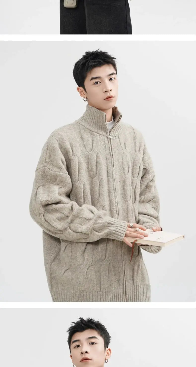 Autumn and Winter American New Style Men and Women Trendy Personalized Stand up Collar Knitted Shirt Couple Loose Retro Simple