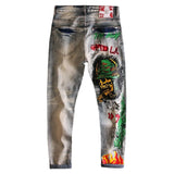 skull graffiti printed ripped denim jeans hip hop distressed biker jeans fashion streetwear slim pants joggers y2k men s jeans unique joggers style 306