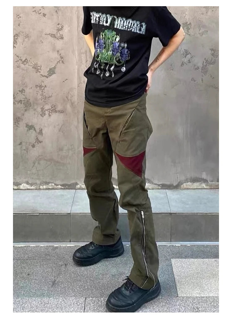 hip hop pants retro cargo straight pants mens patchwork side zipper harajuku streetwear joggers men casual loose cotton trousers unique joggers style 1908