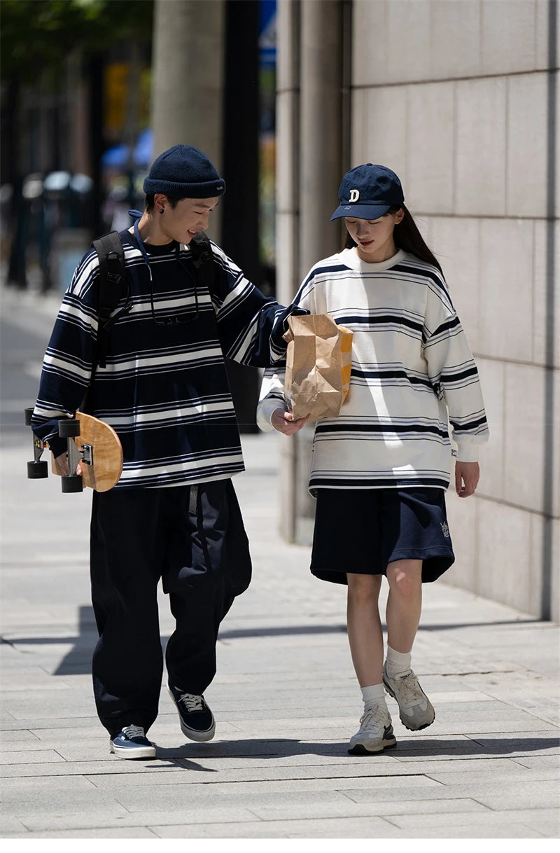 Casual Cotton Street Sweater – Autumn Japanese Retro Striped Sweatshirts For Men And Women Y2K Streetwear Crewneck Long Sleeve T Shirts Casual Pocket Knit Tops | Zip Knit Drop #54