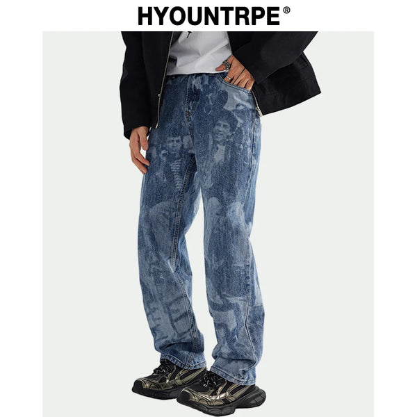 designer human printed denim jeans mens new casual zipper straight hip hop jeans streetwear baggy pants joggers graphic jeans relaxed fit joggers