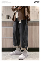 2024 new plaid trouser legs jeans for men casual baggy straight denim pants korean fashion y2k streetwear pantalones hombre jean unique jeans style 3571