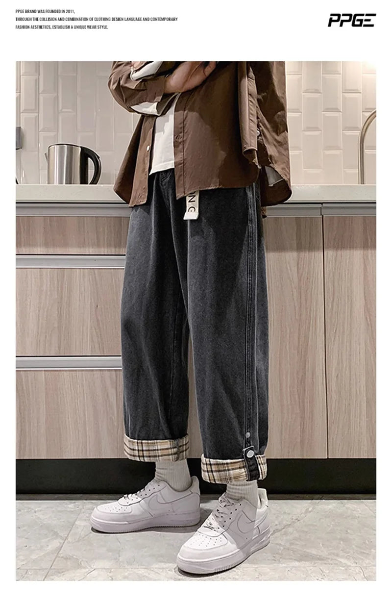 2024 new plaid trouser legs jeans for men casual baggy straight denim pants korean fashion y2k streetwear pantalones hombre jean unique jeans style 3571