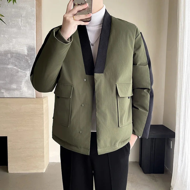 2024 Winter Collarless Cotton-padded Jacket Men Japanese Korean Fashion Loose Casual Thicken Warm Parkas Jacket Cityboy Coat