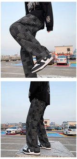 blue black plaid jeans men retro casual wide leg jeans mens streetwear loose hip hop straight denim trousers men vintage jeans unique jeans style 3936