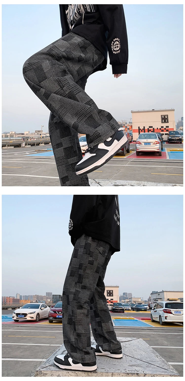 blue black plaid jeans men retro casual wide leg jeans mens streetwear loose hip hop straight denim trousers men vintage jeans unique jeans style 3936