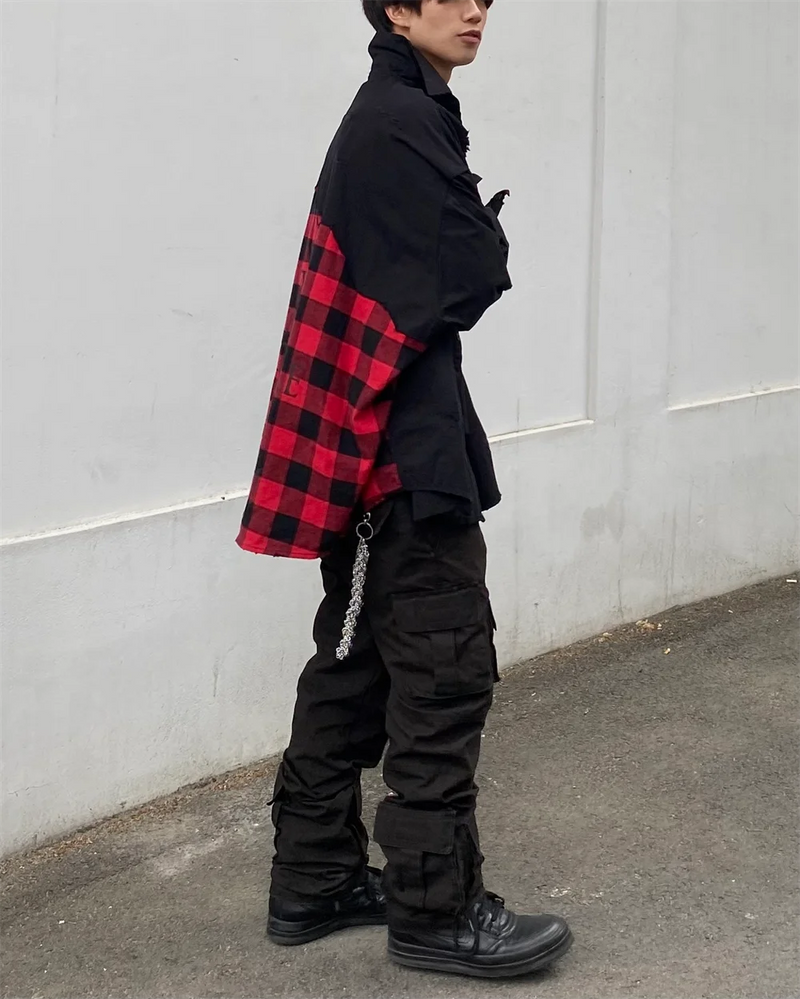Undermycar 2023 New Worn Out Heavy Work Durable Splice Extra Large Loose Plaid Shirt with Black and Red Plaid