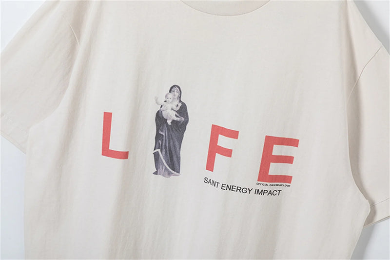 Vintage Retro New Summer Street Wear LIFE Letter Printing High-Street Loose Casual Tops T-Shirt