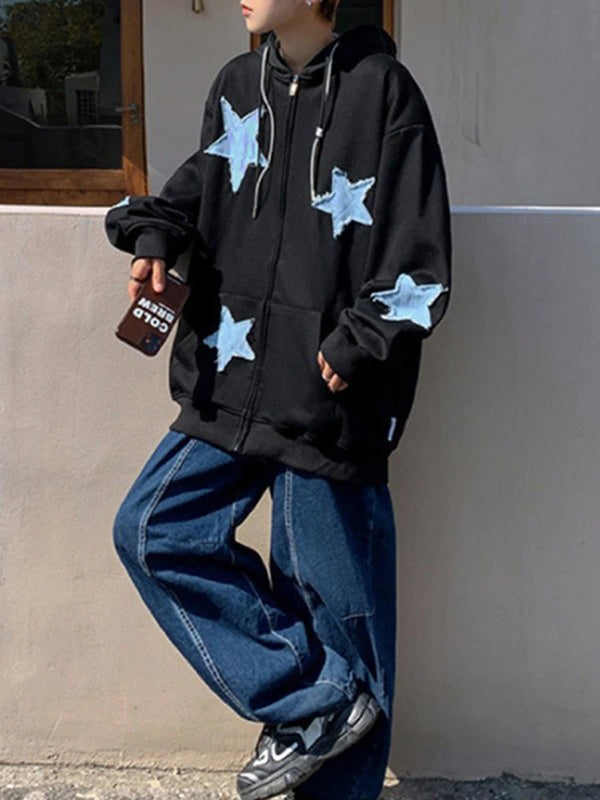 Mens Star Patch Zip Up Hoodie For Men Oversized Y2K Sweatshirt Jacket