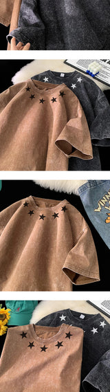 Harajuku Oversized shirt – Men Black Washed T Shirt O Neck Star Patterned Heavyweight S