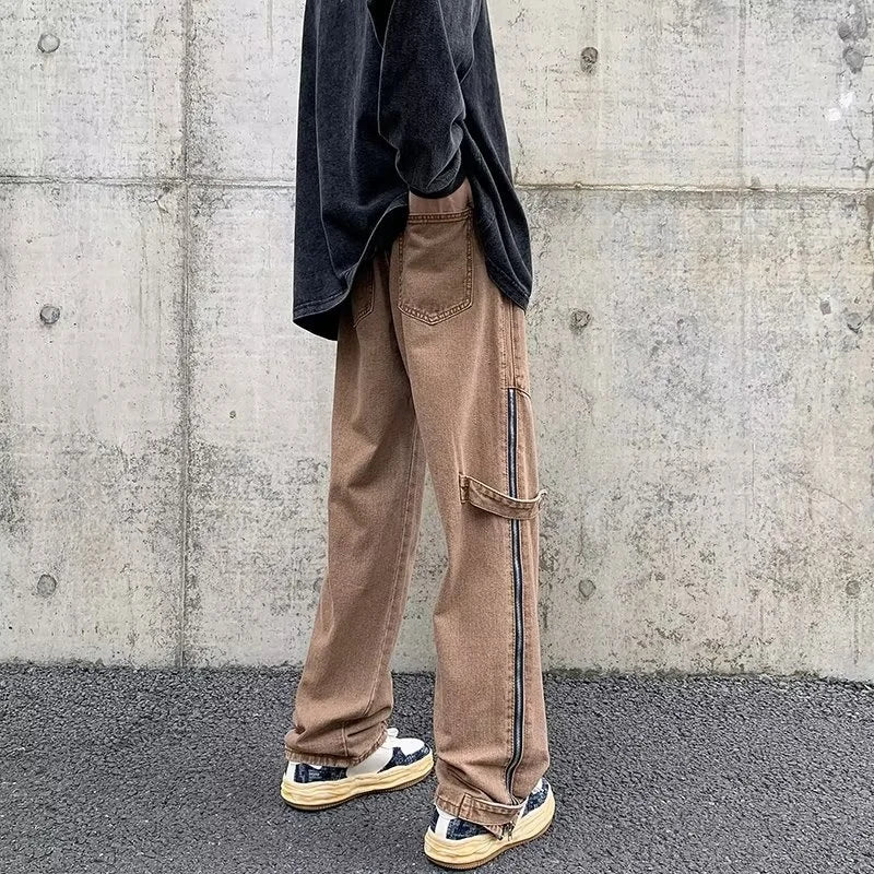 2023 cool design side zipper baggy men cargo jeans pants vintage brown straight cotton hip hop long trousers pantalones hombre utility cargo pants